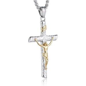 Silver & Gold - A Crucifix Cross Pendant Steel Jesus Necklace with 22+2“ Chain